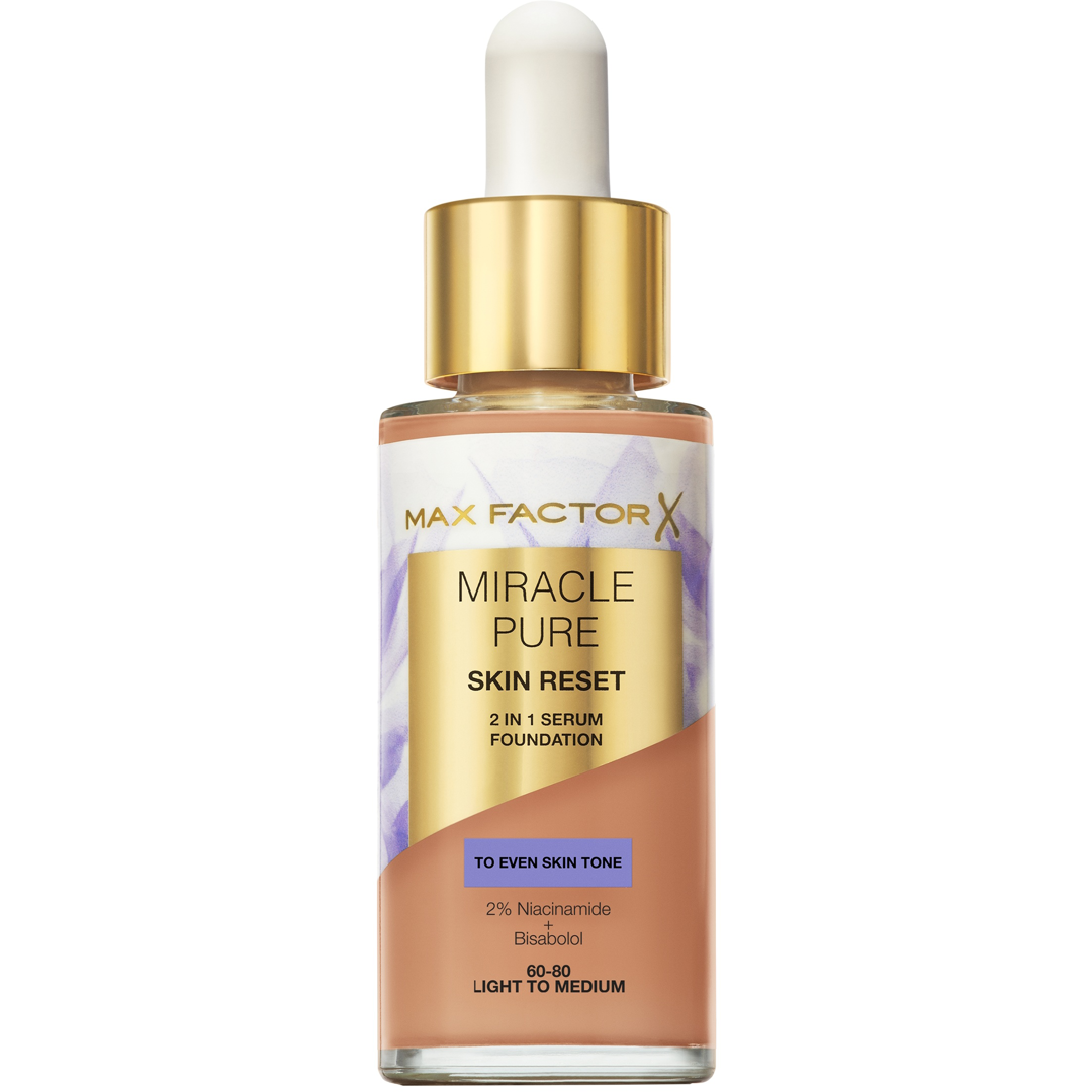 Max Factor Miracle Pure 2in1 Skin Reset Serum Foundation, 60-80 Light to Medium, Meikkivoide